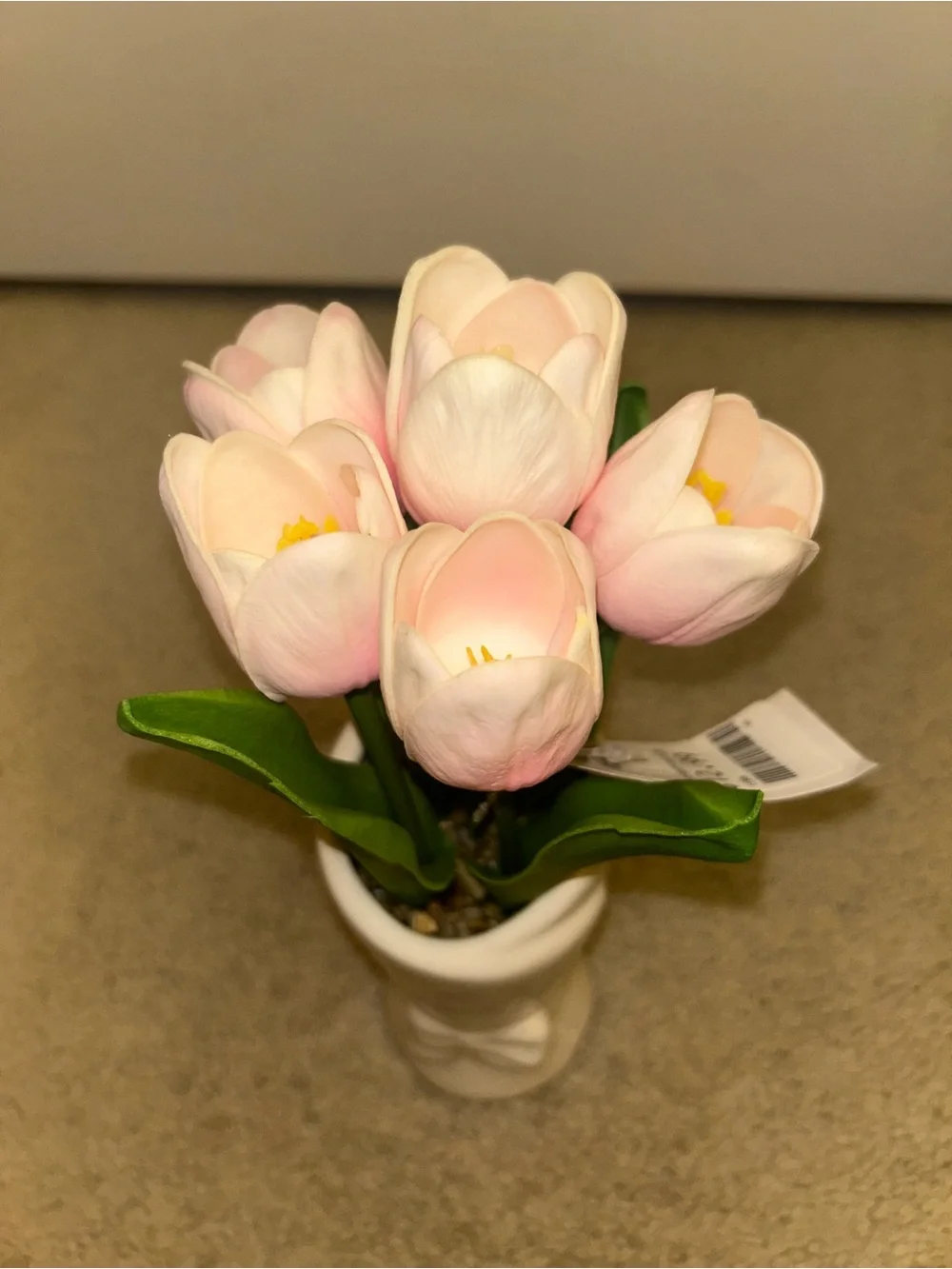 Pink Tulip Faux Floral in White Ceramic Vase Decoration
